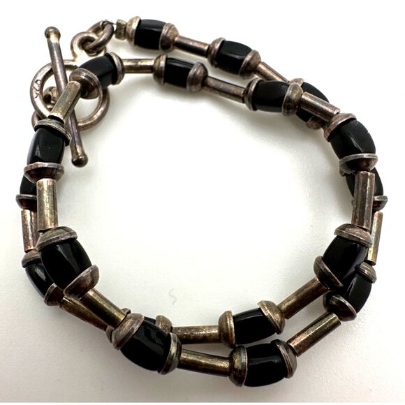 Minimalist Sterling Silver Black Onyx Ankle Bracelet 925 Beaded Toggle Boho Vtg - Picture 1 of 8